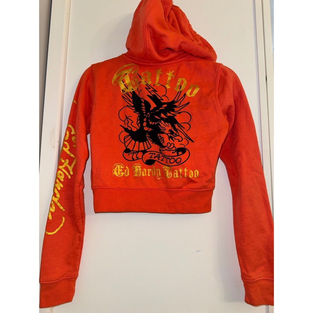Ed Hardy Orange Cropped Zip Up Hoodie Tattoo Graphic Eagle Gold Foil Small y2k